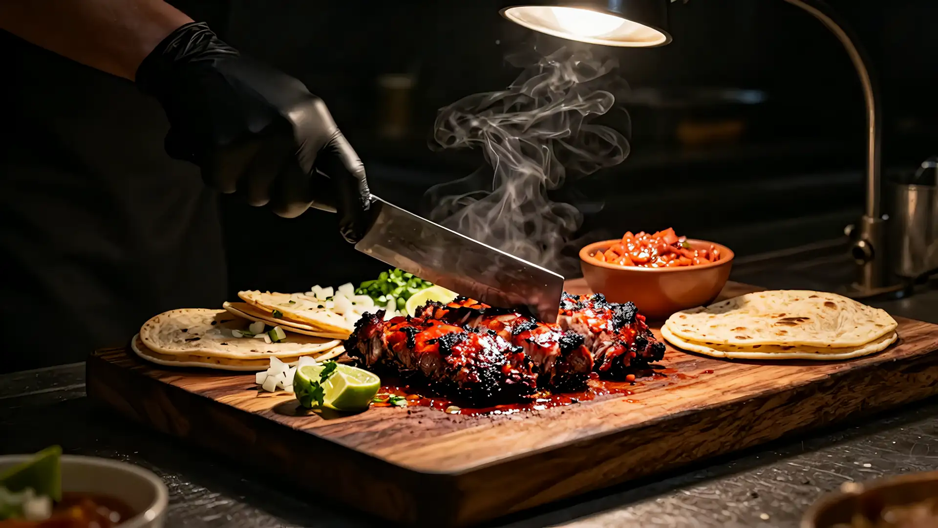 Una mano con guante negro sostiene una cuchilla sobre carne al pastor, junto a tortillas, cebolla, cilantro, limón y salsa roja.